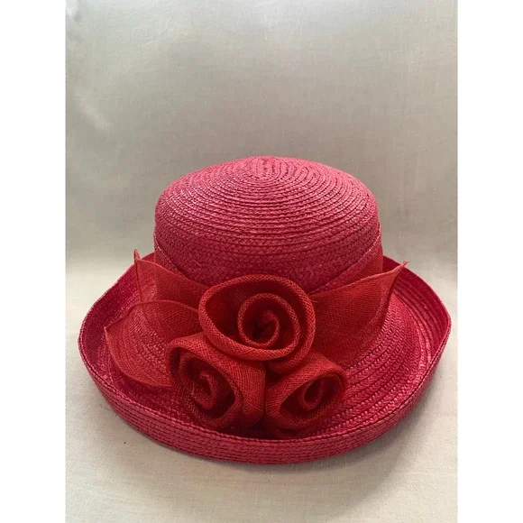 Betmar New York Red Straw Sun Hat Mesh Rosettes Floral Derby Church Hat #541 - Picture 2 of 4